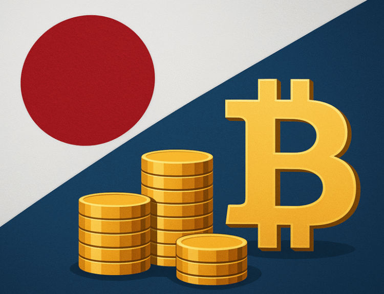 Bandera de Japón con logos de crypto