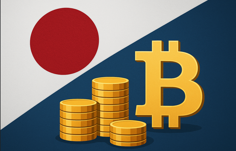 Bandera de Japón con logos de crypto